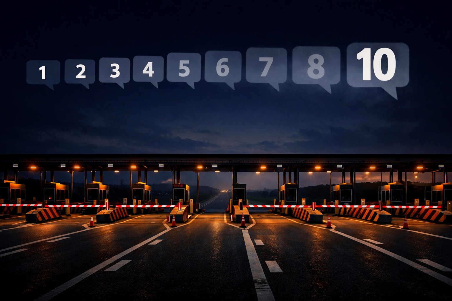 Indian highway toll plaza with numbered announcements floating above — 10 promises of barrier-free tolling since 2019