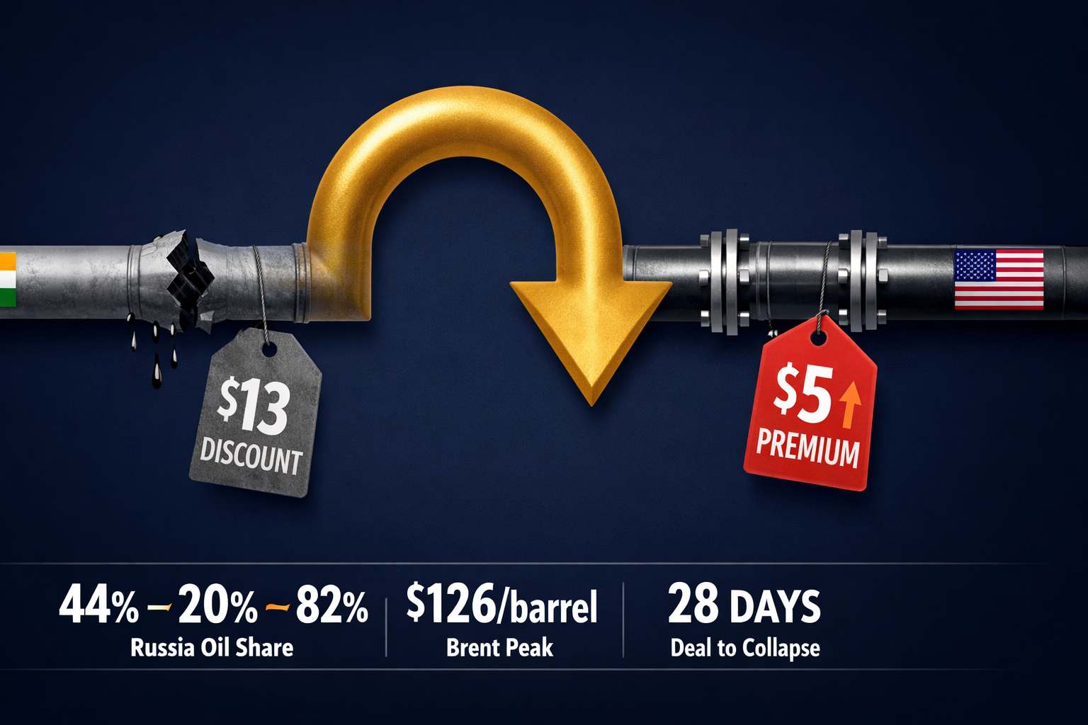 Infographic: India's oil deal collapse — $13 discount to $5 premium in 28 days, with U-turn arrow and data callouts